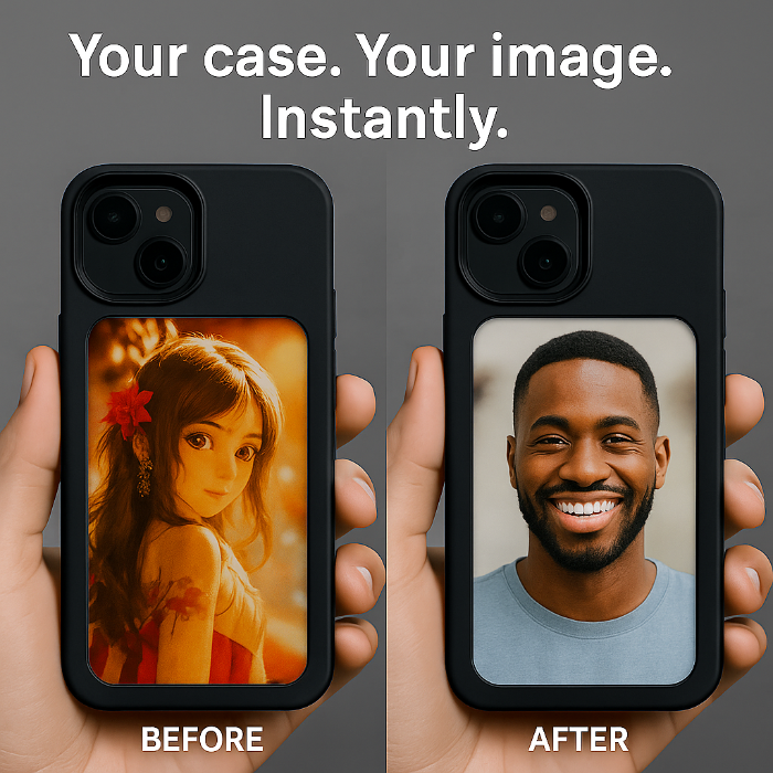 Two phone cases being held, one with a 'Before' photo of a girl and the other with an 'After' photo of a man, against a dark background.