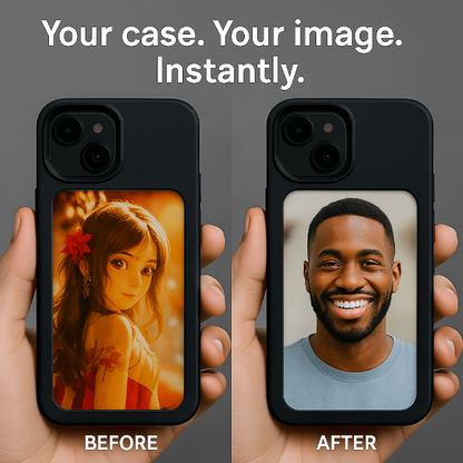 Two phone cases being held, one with a 'Before' photo of a girl and the other with an 'After' photo of a man, against a dark background.